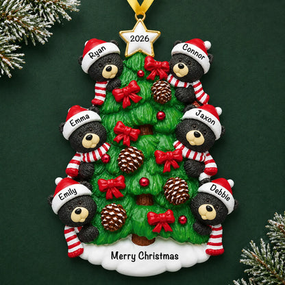 Personalized black bear tree family of 6 christmas ornament on a dark green pine background