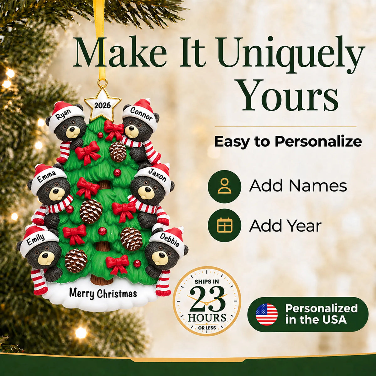 Make it yours: add names and year to the personalized black bear tree family of 6 christmas ornament