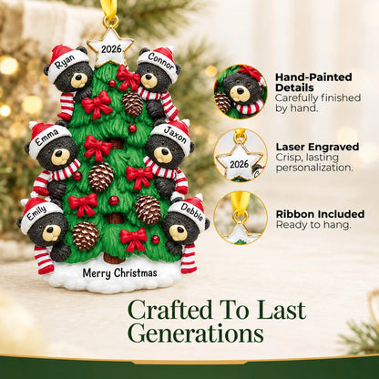 Hand-painted, laser engraved black bear tree family of 6 christmas ornament, ribbon included