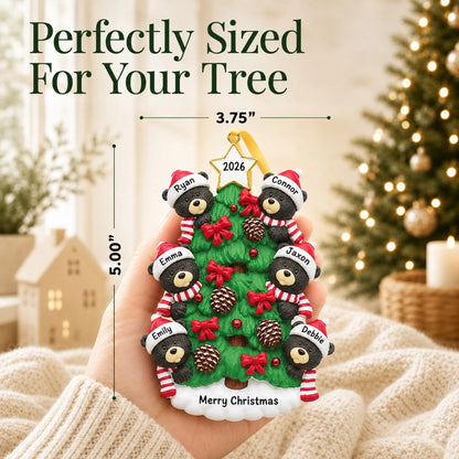 Size guide: the personalized black bear tree family of 6 christmas ornament is 3.75 in wide by 5.00 in tall, shown in hand