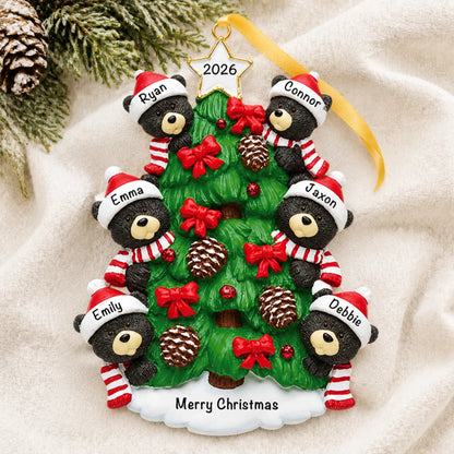 Personalized black bear tree family of 6 christmas ornament laid on a soft white knit blanket