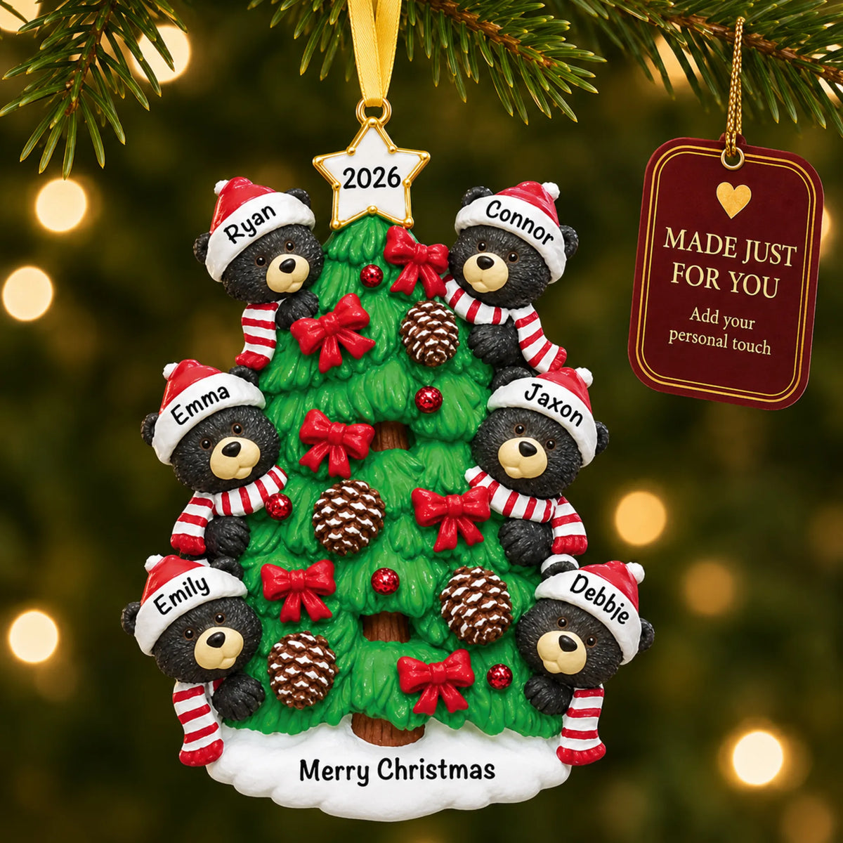 Black bear tree family of 6 christmas ornament hanging on a lit Christmas tree with a Made Just For You gift tag