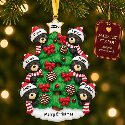 Black bear tree family of 6 christmas ornament hanging on a lit Christmas tree with a Made Just For You gift tag