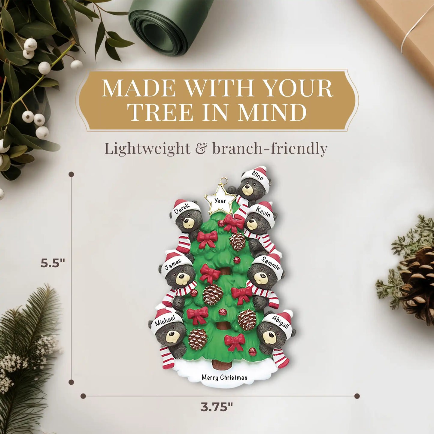 Adorno navideño de la familia de 7 árboles de oso negro