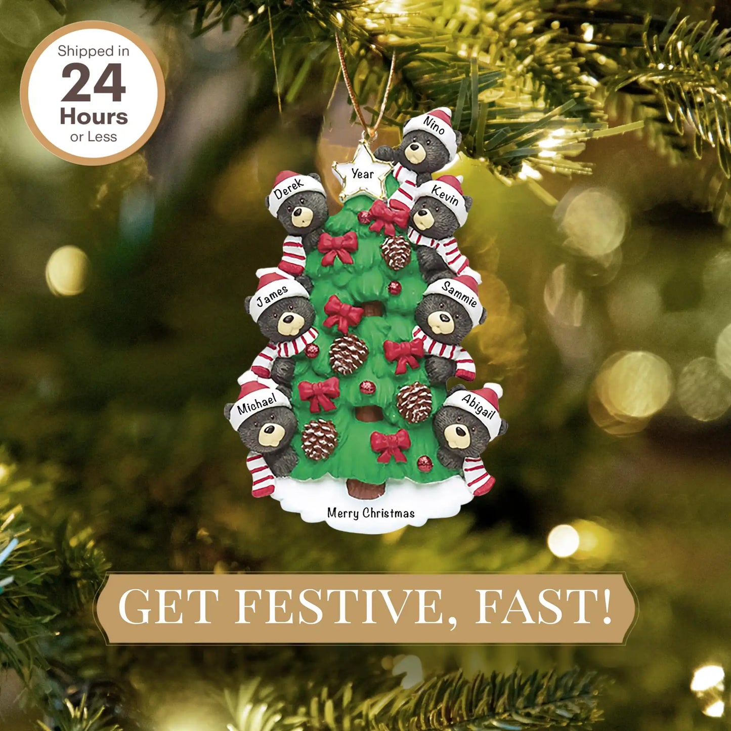 Adorno navideño de la familia de 7 árboles de oso negro