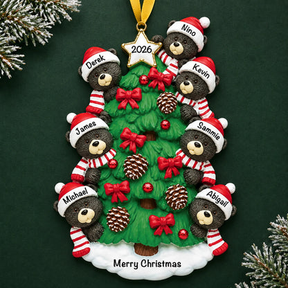 Personalized black bear tree family of 7 christmas ornament on a dark green pine background