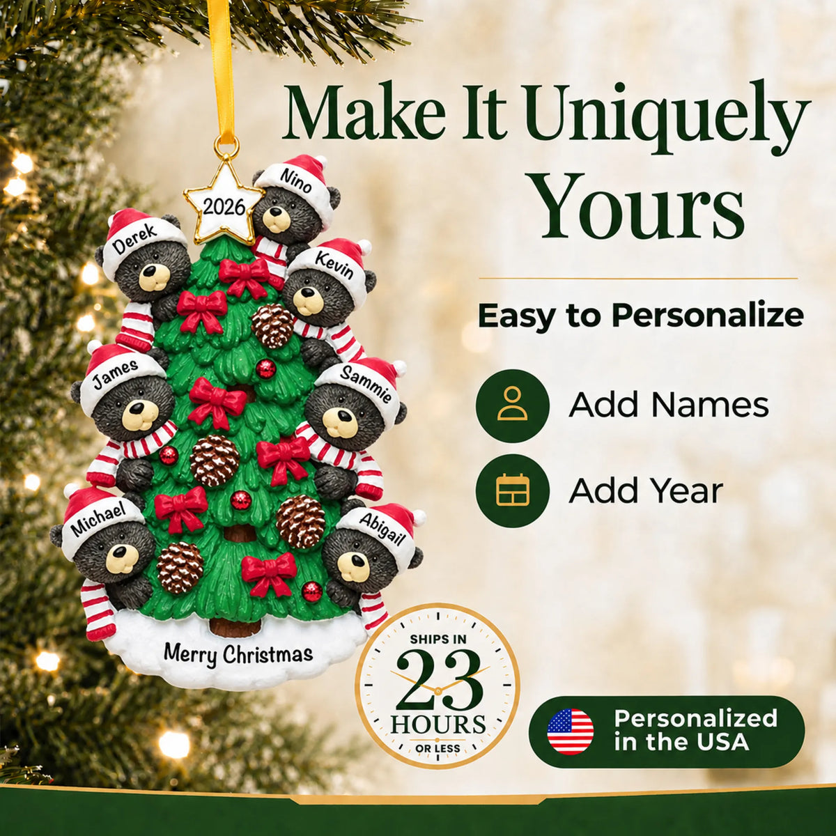 Make it yours: add names and year to the personalized black bear tree family of 7 christmas ornament