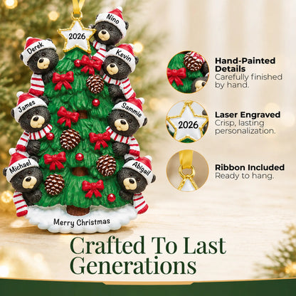 Hand-painted, laser engraved black bear tree family of 7 christmas ornament, ribbon included