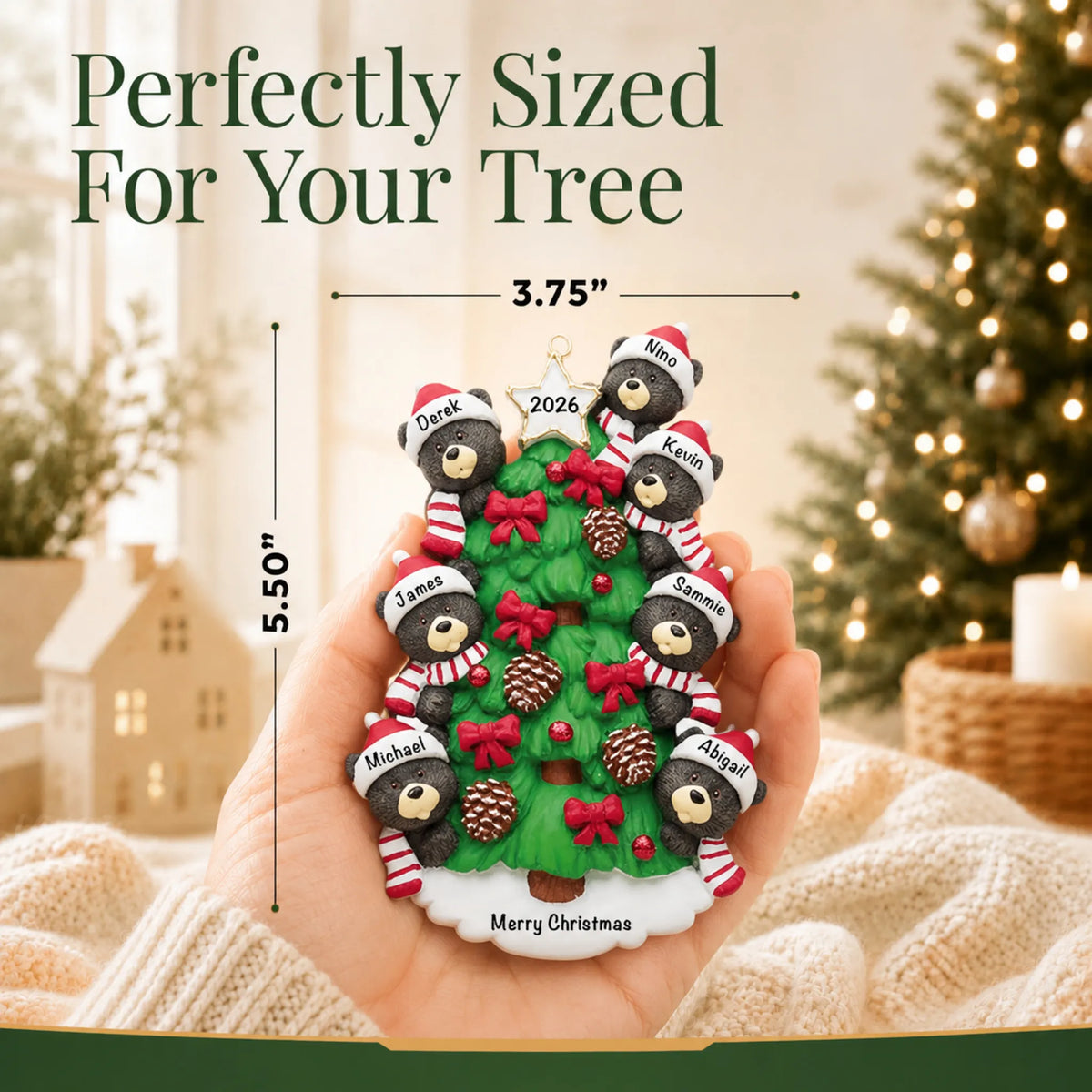 Size guide: the personalized black bear tree family of 7 christmas ornament is 3.75 in wide by 5.50 in tall, shown in hand