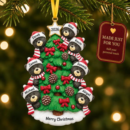 Black bear tree family of 7 christmas ornament hanging on a lit Christmas tree with a Made Just For You gift tag