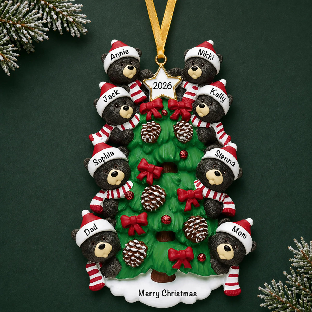 Personalized black bear tree family of 8 christmas ornament on a dark green pine background