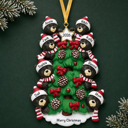 Personalized black bear tree family of 8 christmas ornament on a dark green pine background