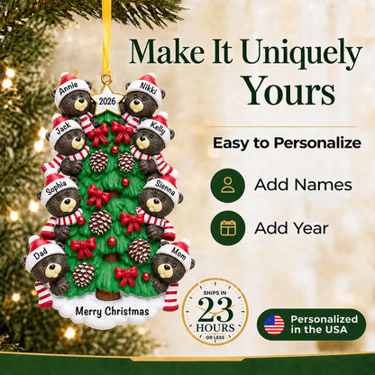 Make it yours: add names and year to the personalized black bear tree family of 8 christmas ornament