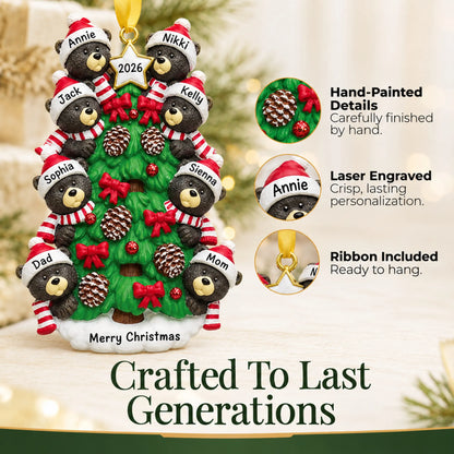 Hand-painted, laser engraved black bear tree family of 8 christmas ornament, ribbon included