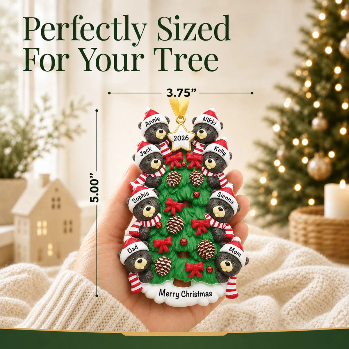 Size guide: the personalized black bear tree family of 8 christmas ornament is 3.75 in wide by 5.00 in tall, shown in hand