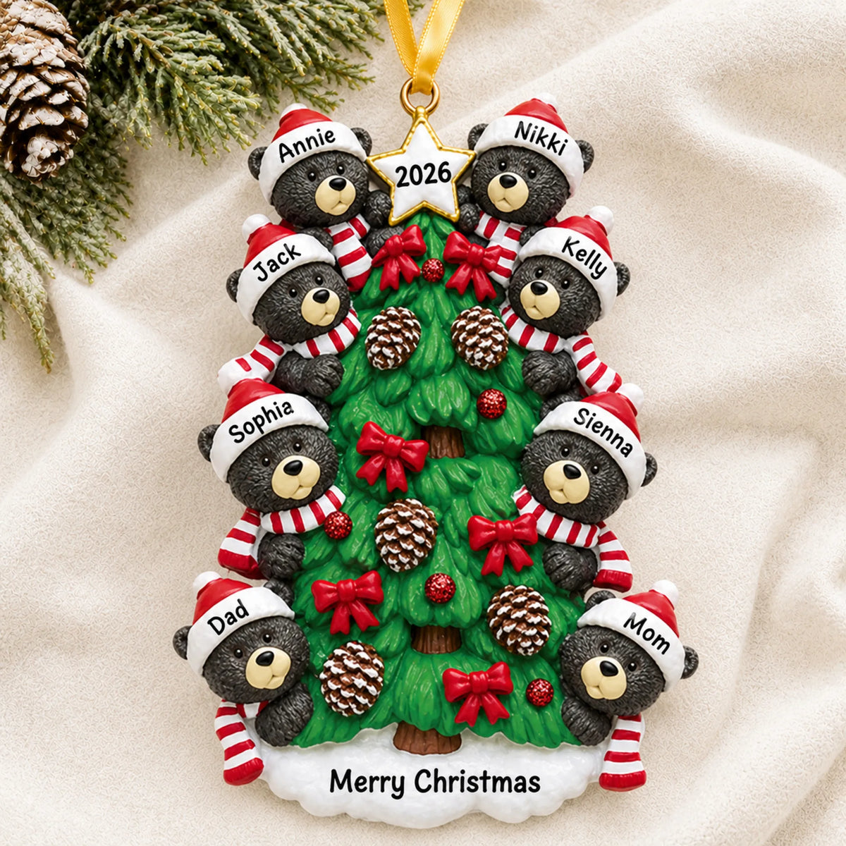 Personalized black bear tree family of 8 christmas ornament laid on a soft white knit blanket
