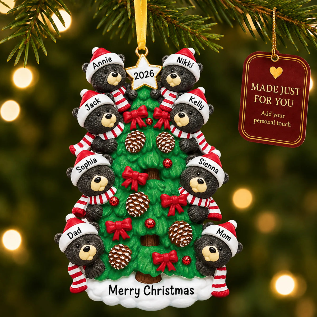 Black bear tree family of 8 christmas ornament hanging on a lit Christmas tree with a Made Just For You gift tag