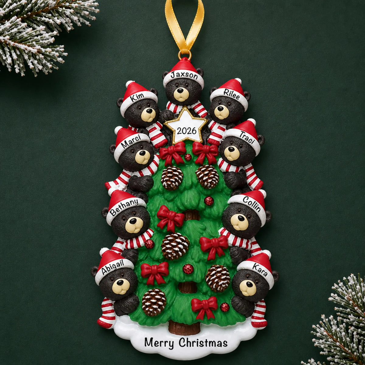 Personalized black bear tree family of 9 christmas ornament on a dark green pine background