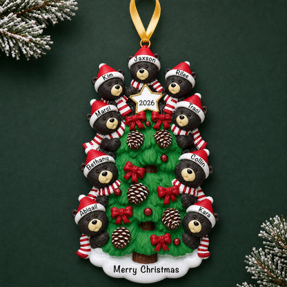 Personalized black bear tree family of 9 christmas ornament on a dark green pine background