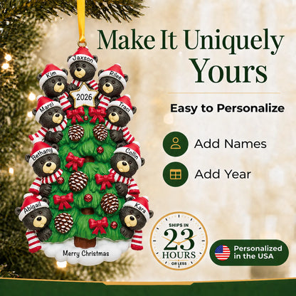 Make it yours: add names and year to the personalized black bear tree family of 9 christmas ornament