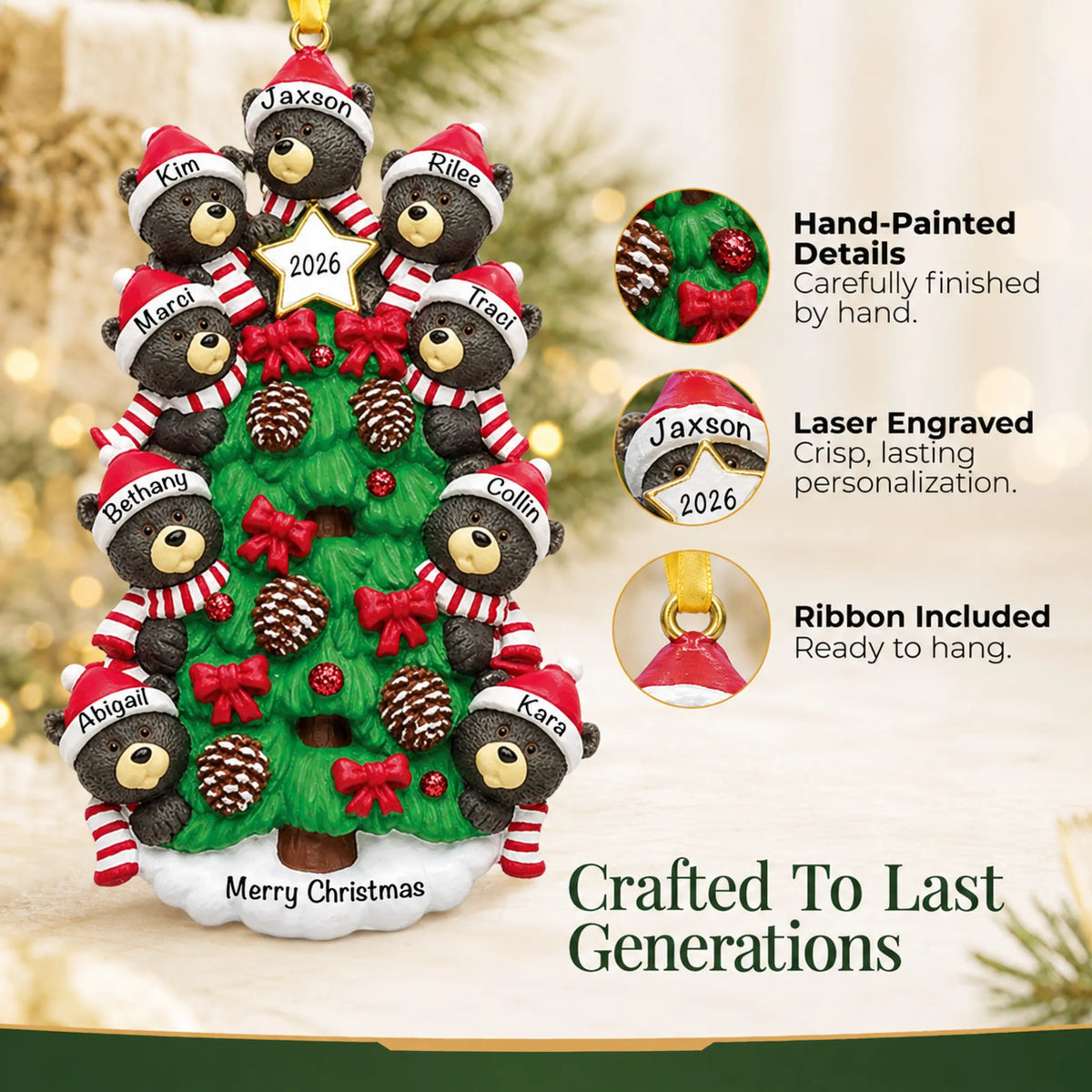 Hand-painted, laser engraved black bear tree family of 9 christmas ornament, ribbon included