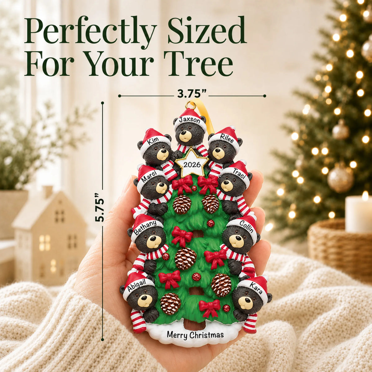 Size guide: the personalized black bear tree family of 9 christmas ornament is 3.75 in wide by 5.75 in tall, shown in hand
