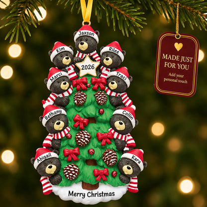 Black bear tree family of 9 christmas ornament hanging on a lit Christmas tree with a Made Just For You gift tag