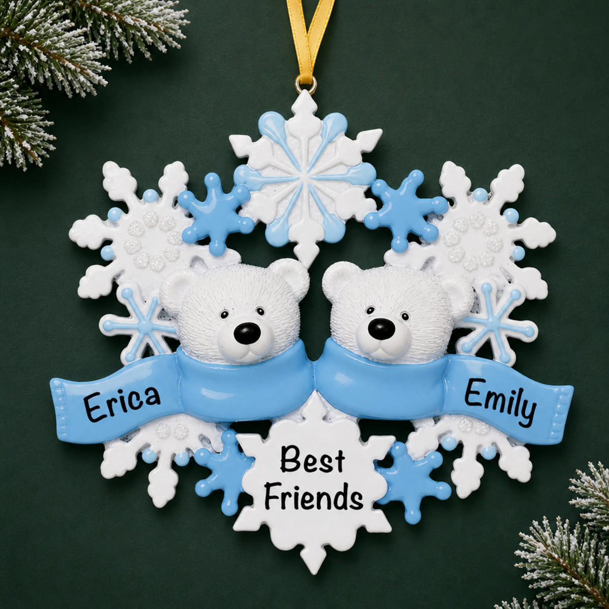 Personalized polar bear couple christmas ornament on a dark green pine background