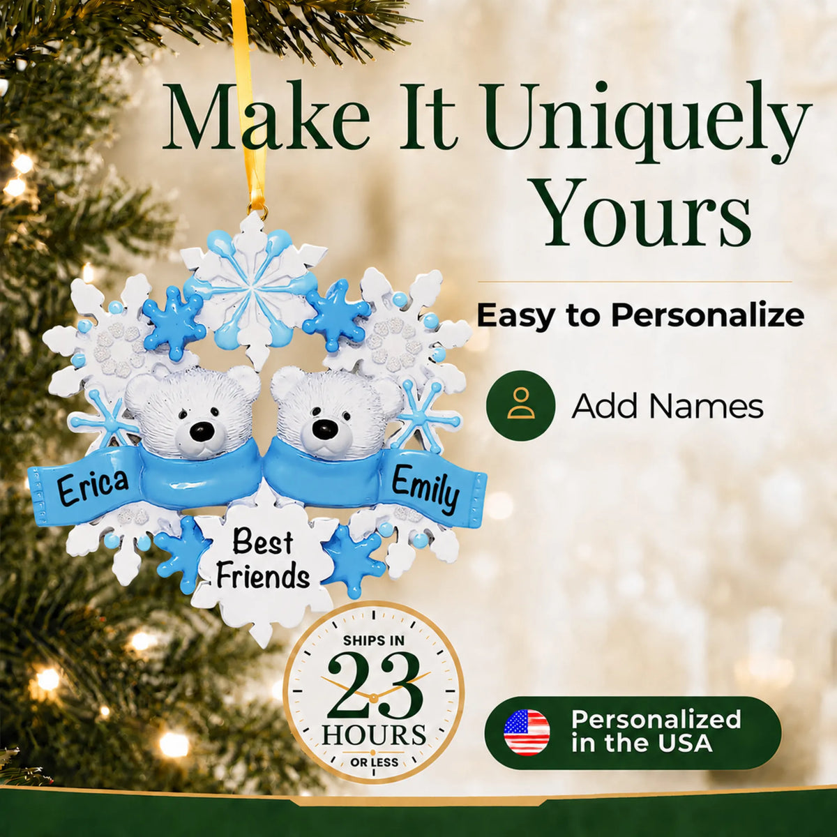Make it yours: add names and year to the personalized polar bear couple christmas ornament