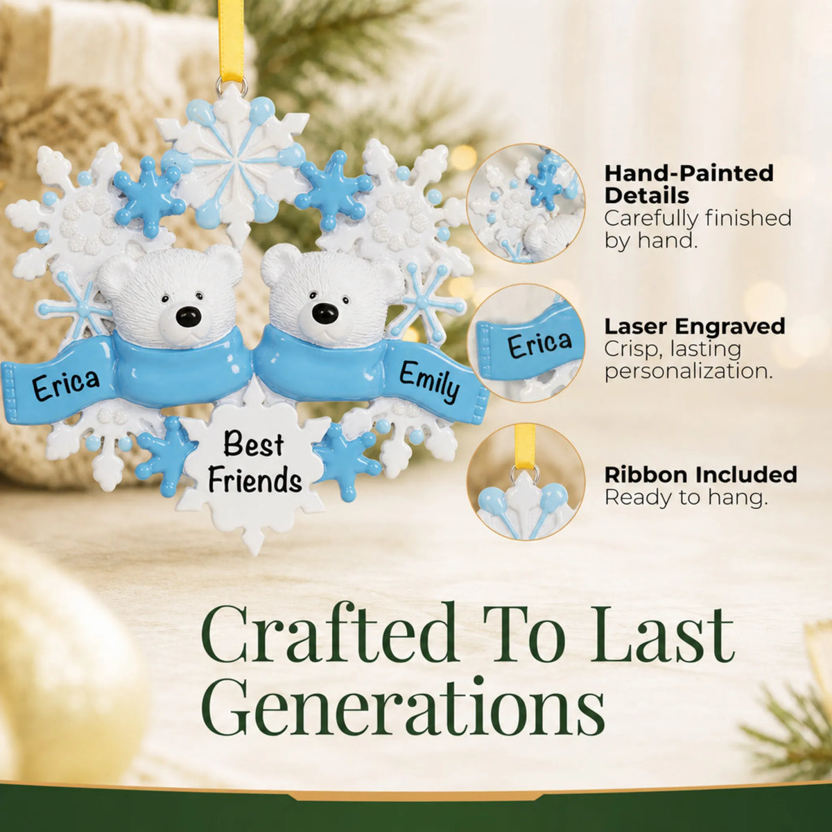 Hand-painted details and laser engraved personalization on the polar bear couple christmas ornament, ribbon included