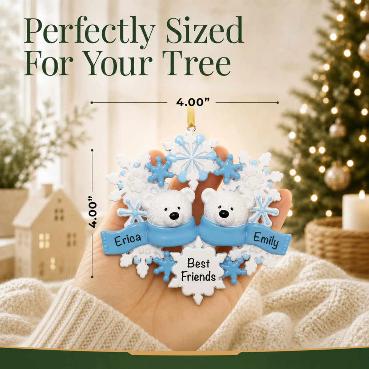 Size guide: the personalized polar bear couple christmas ornament is 4.00 in wide by 4.00 in tall, shown in hand