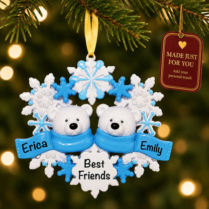 Polar bear couple christmas ornament hanging on a lit Christmas tree with a Made Just For You gift tag