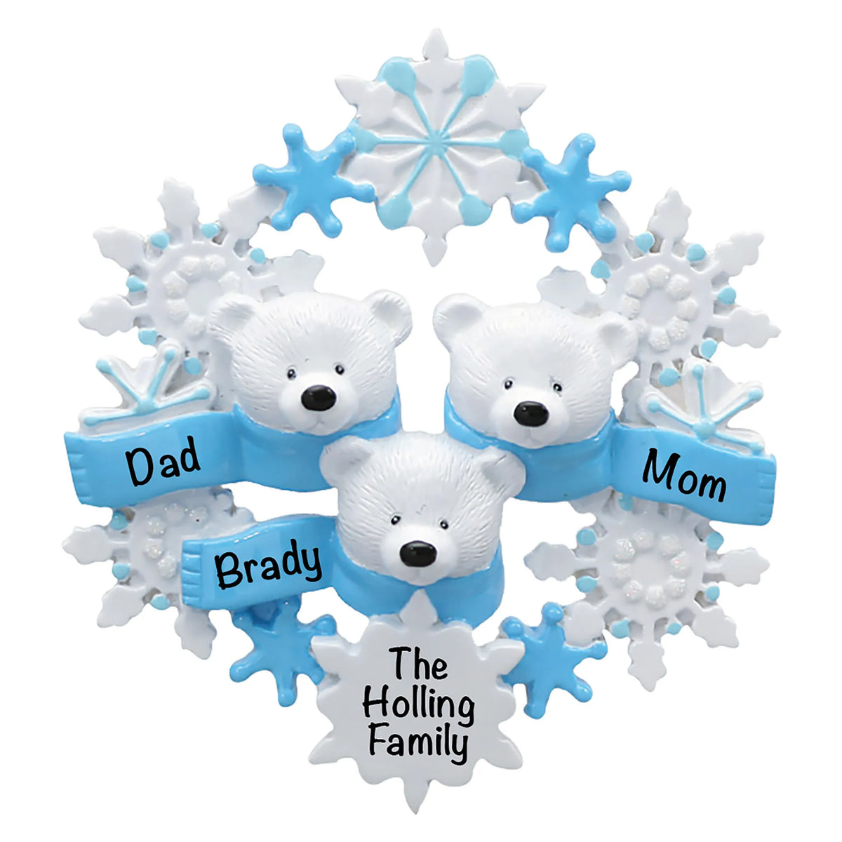 Personalized polar bear family of 3 christmas ornament with names
