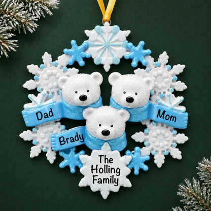 Personalized polar bear family of 3 christmas ornament, three bears on a snowflake with names and family name