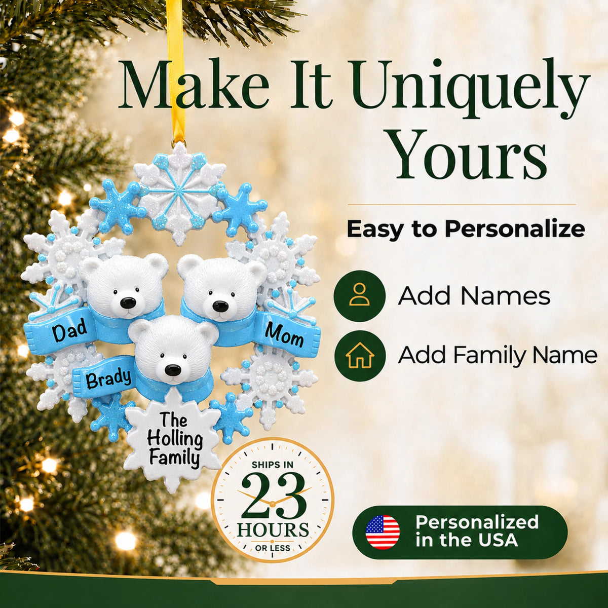Polar bear family of 3 personalized christmas ornament, make it uniquely yours with names and family name