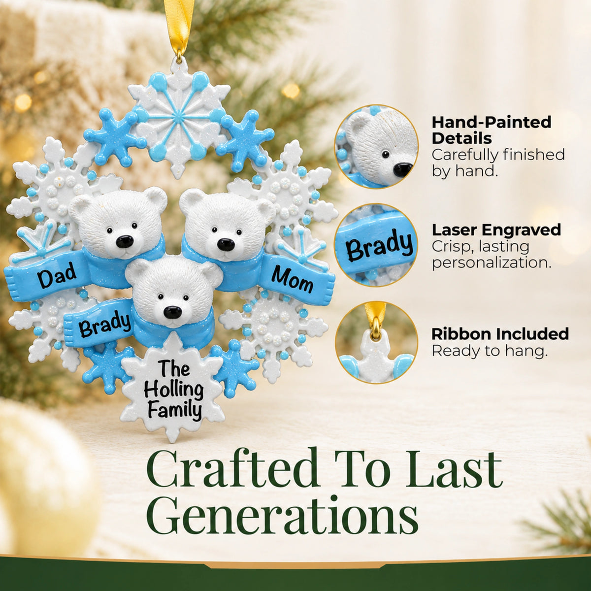 Polar bear family of 3 personalized christmas ornament, hand-painted and laser-engraved to last generations