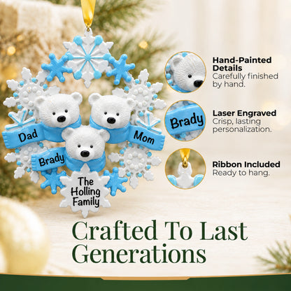 Polar bear family of 3 personalized christmas ornament, hand-painted and laser-engraved to last generations