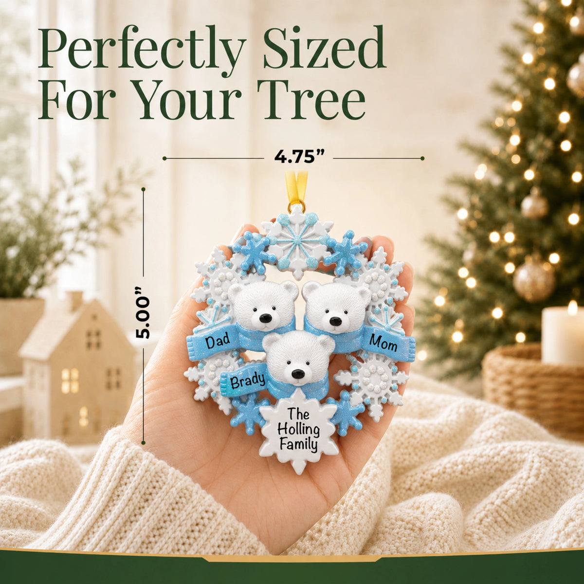 Polar bear family of 3 personalized christmas ornament held in hand, perfectly sized at about 5 inches