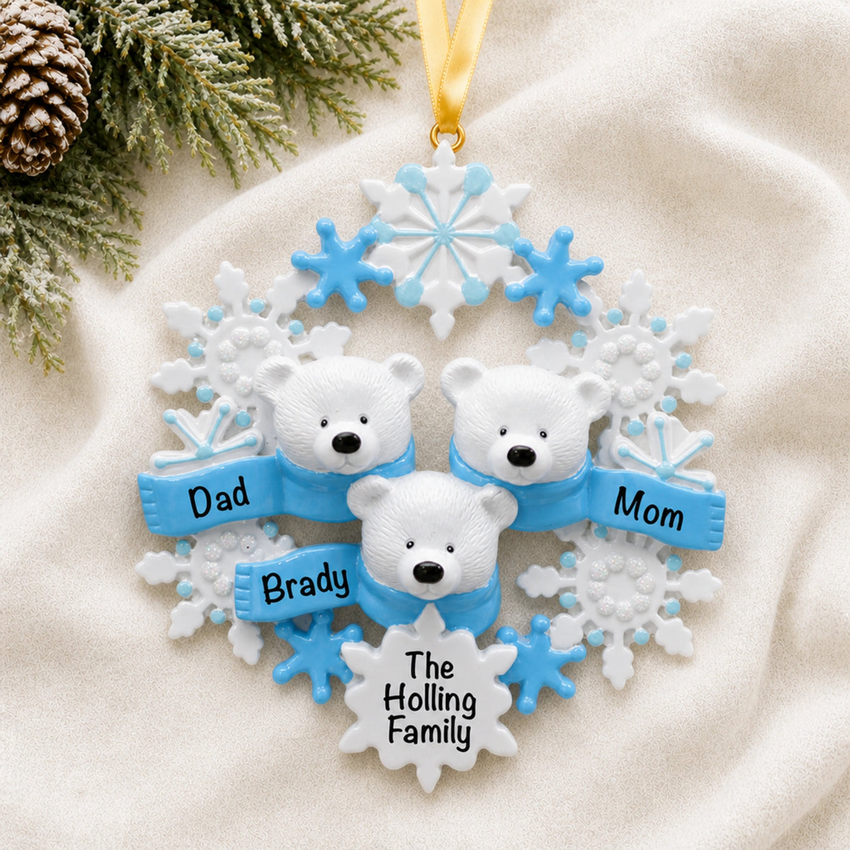 Personalized polar bear family of 3 christmas ornament with names on a soft blanket