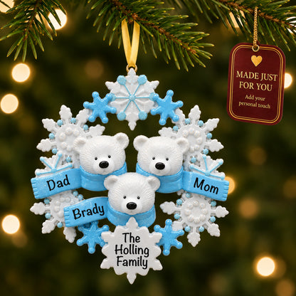 Personalized polar bear family of 3 christmas ornament hanging on a tree, made just for you