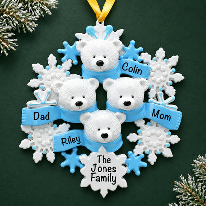 Personalized polar bear family of 4 christmas ornament on a dark green pine background