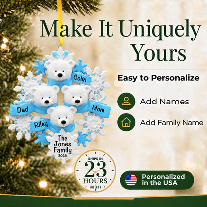 Make it yours: add names and year to the personalized polar bear family of 4 christmas ornament