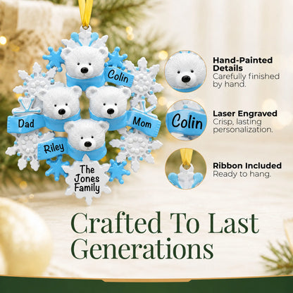 Hand-painted details and laser engraved personalization on the polar bear family of 4 christmas ornament, ribbon included