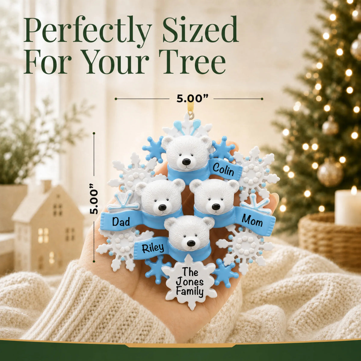 Size guide: the personalized polar bear family of 4 christmas ornament is 5.00 in wide by 5.00 in tall, shown in hand