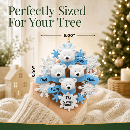 Size guide: the personalized polar bear family of 4 christmas ornament is 5.00 in wide by 5.00 in tall, shown in hand