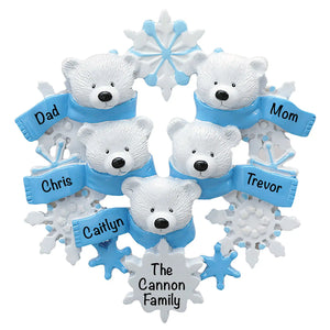 Personalized polar bear family of 5 Christmas ornament, five bears in the snow laser engraved with names and year