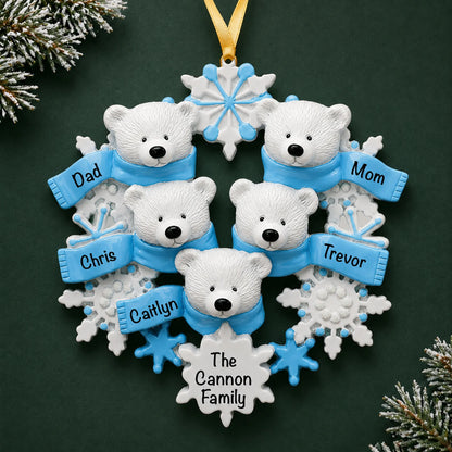 Personalized polar bear family of 5 christmas ornament on a dark green pine background