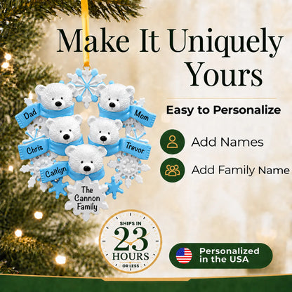 Make it yours: add names and year to the personalized polar bear family of 5 christmas ornament