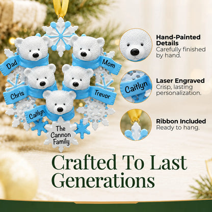 Hand-painted details and laser engraved personalization on the polar bear family of 5 christmas ornament, ribbon included