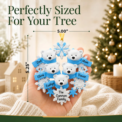 Size guide: the personalized polar bear family of 5 christmas ornament is 5.00 in wide by 5.25 in tall, shown in hand